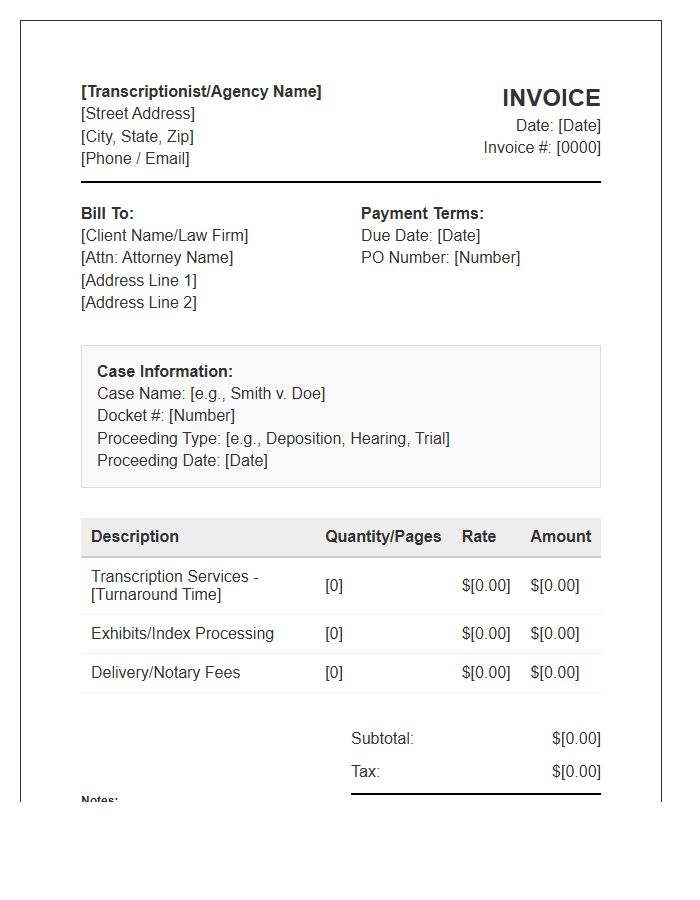 Legal Proceeding Transcription Invoice Template
