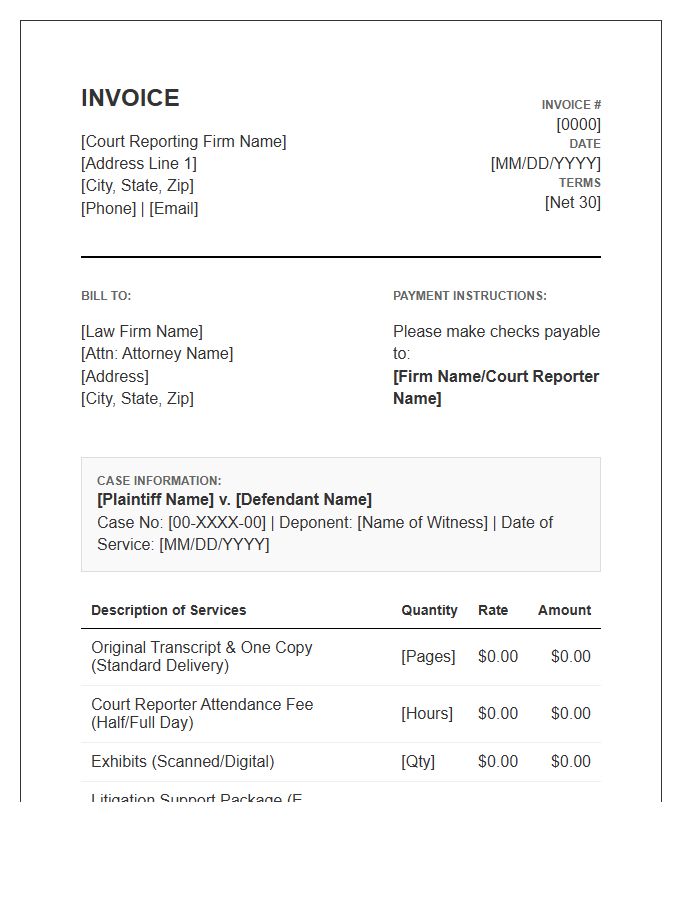 Litigation Support Court Reporting Invoice Template