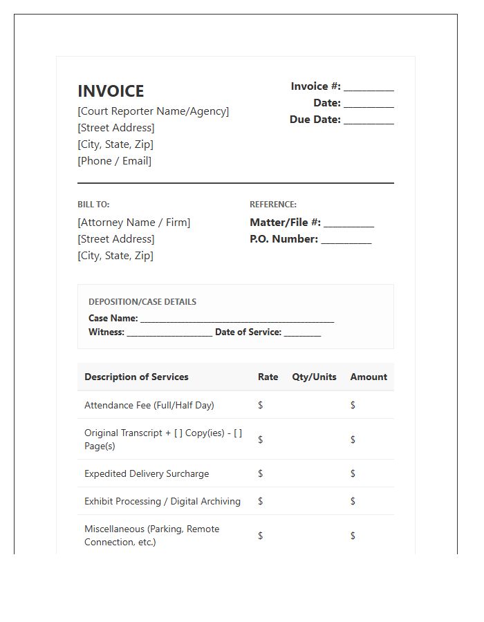 Professional Court Reporter Service Invoice Template
