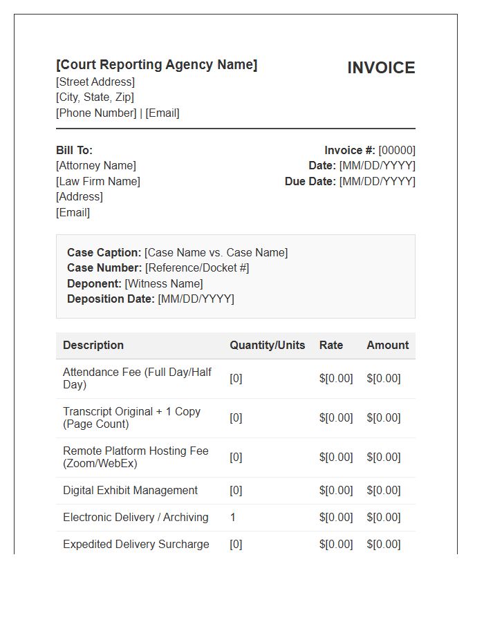 Remote Deposition Court Reporting Invoice Template
