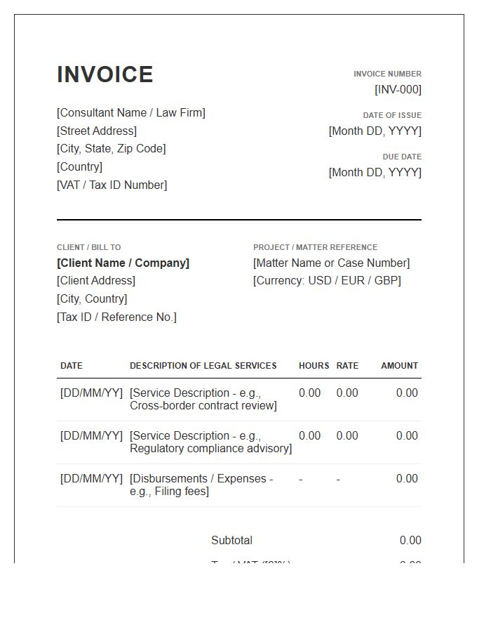 International Legal Consultant Invoice Template