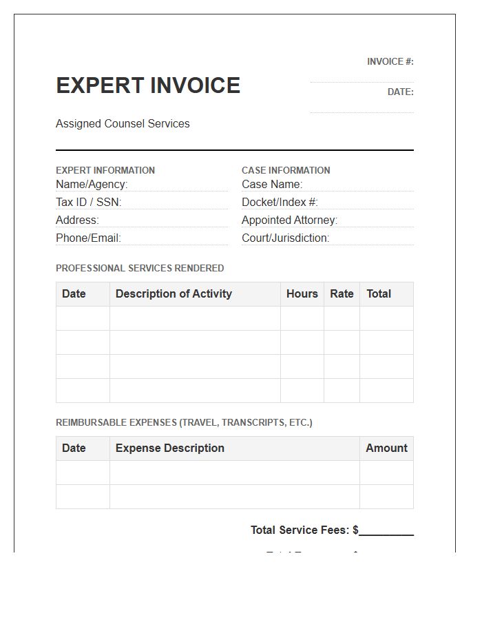 Assigned Counsel Expert Services Invoice Template