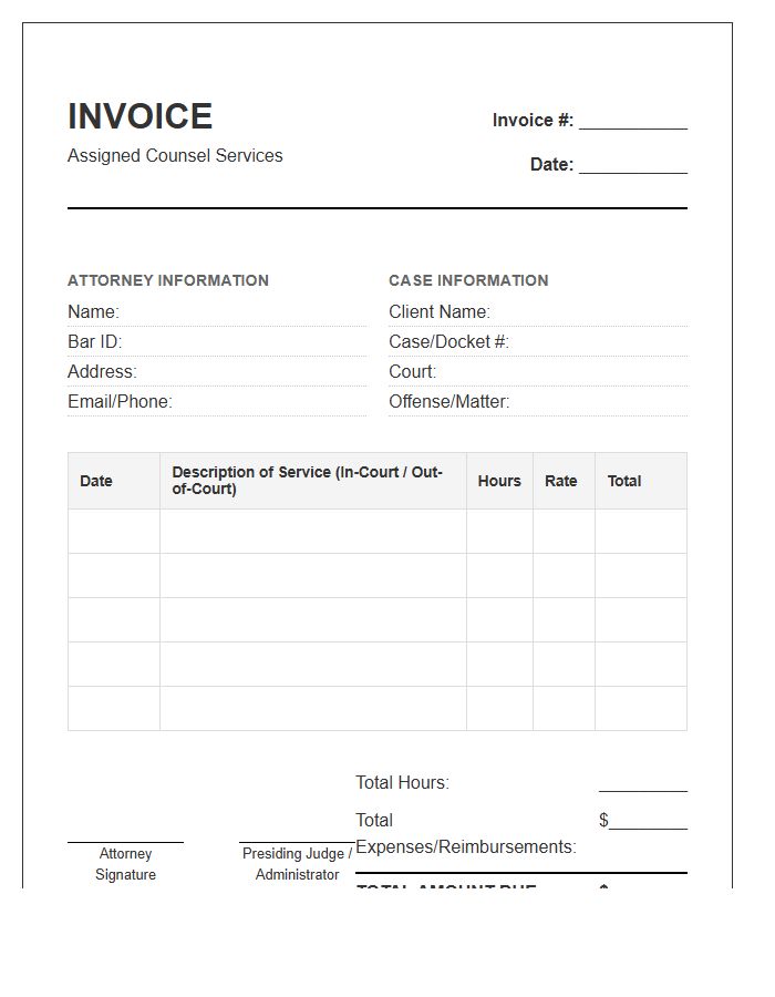 Assigned Counsel Hourly Billing Invoice Template