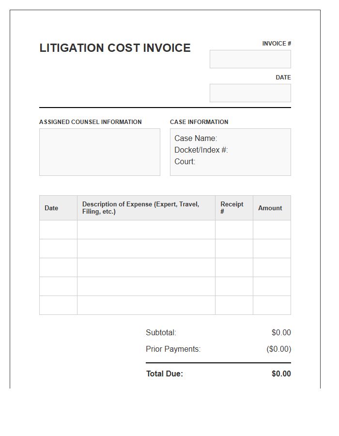 Assigned Counsel Litigation Cost Invoice Template