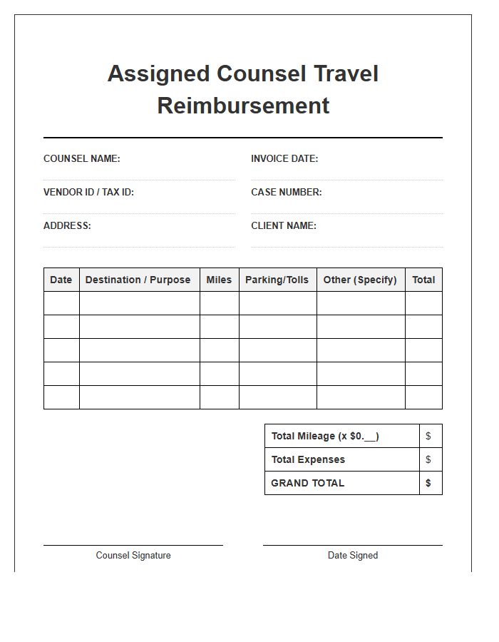 Assigned Counsel Travel Reimbursement Invoice Template