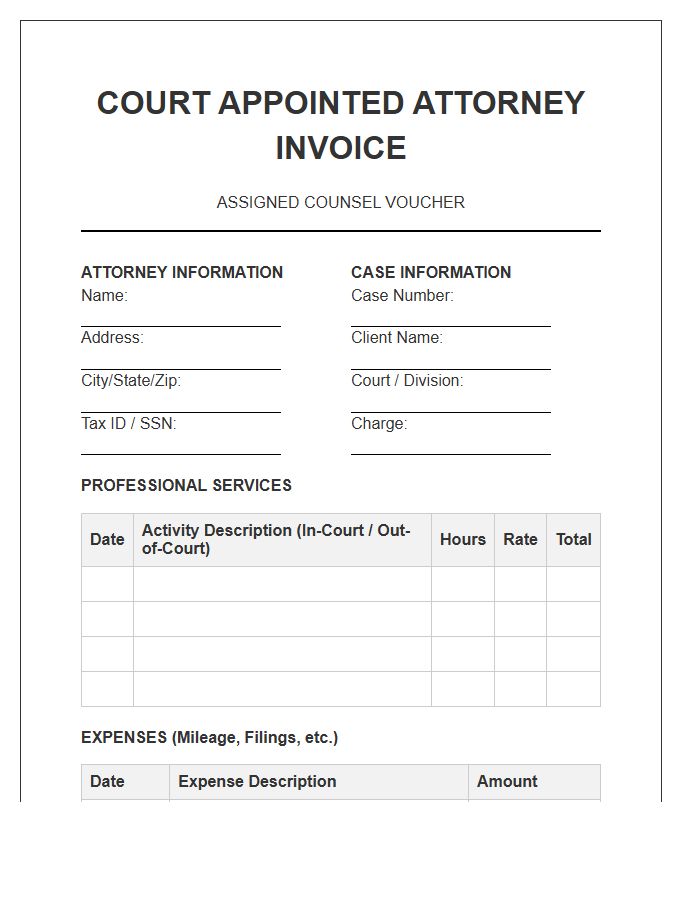 Court Appointed Attorney Assigned Counsel Invoice Template