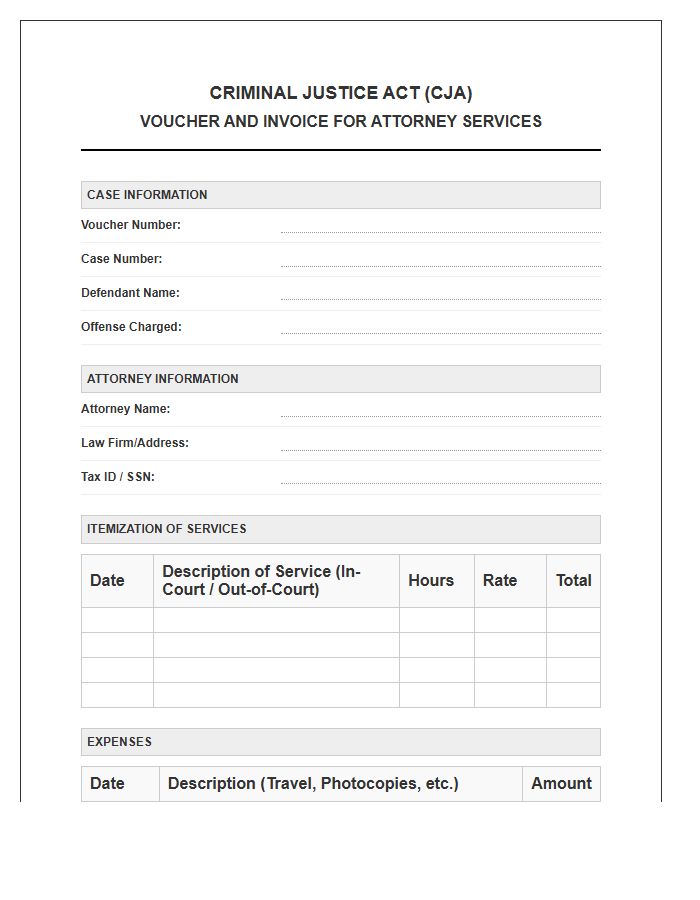 Criminal Justice Act Assigned Counsel Invoice Template