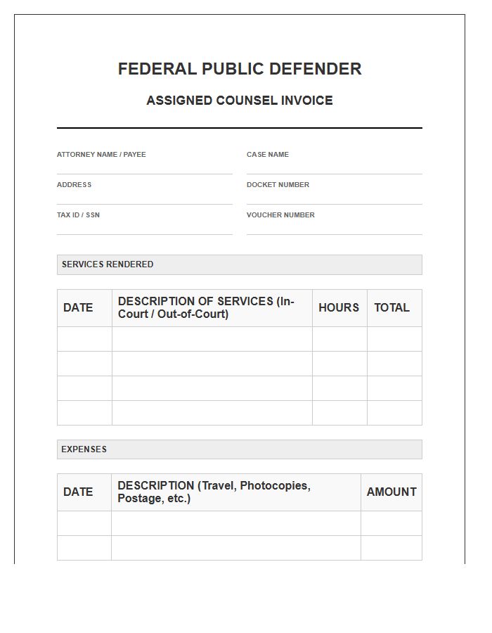 Federal Public Defender Assigned Counsel Invoice Template