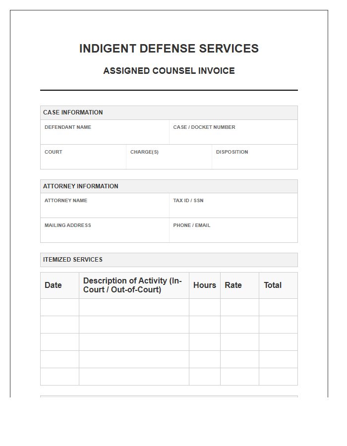 Indigent Defense Services Assigned Counsel Invoice Template