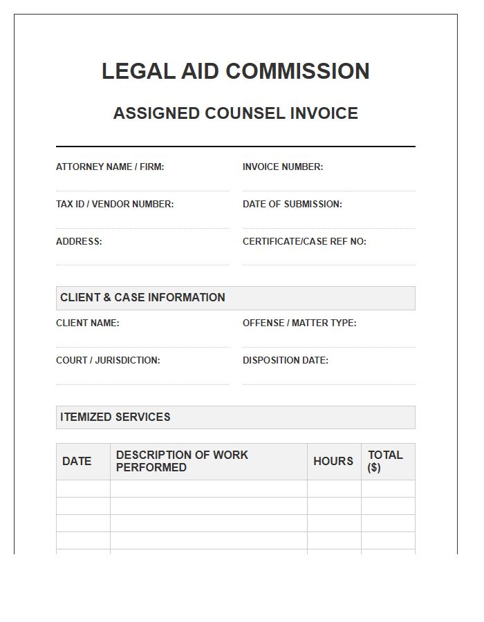 Legal Aid Commission Assigned Counsel Invoice Template