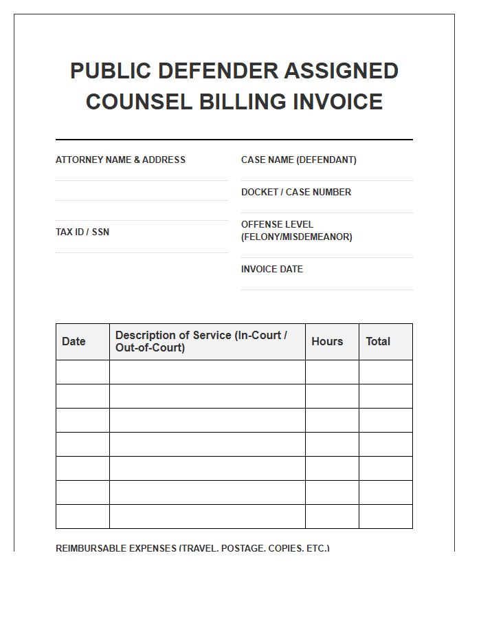 Public Defender Assigned Counsel Billing Invoice Template