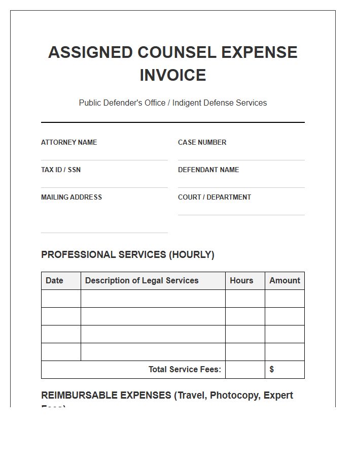 Public Defender Assigned Counsel Expense Invoice Template