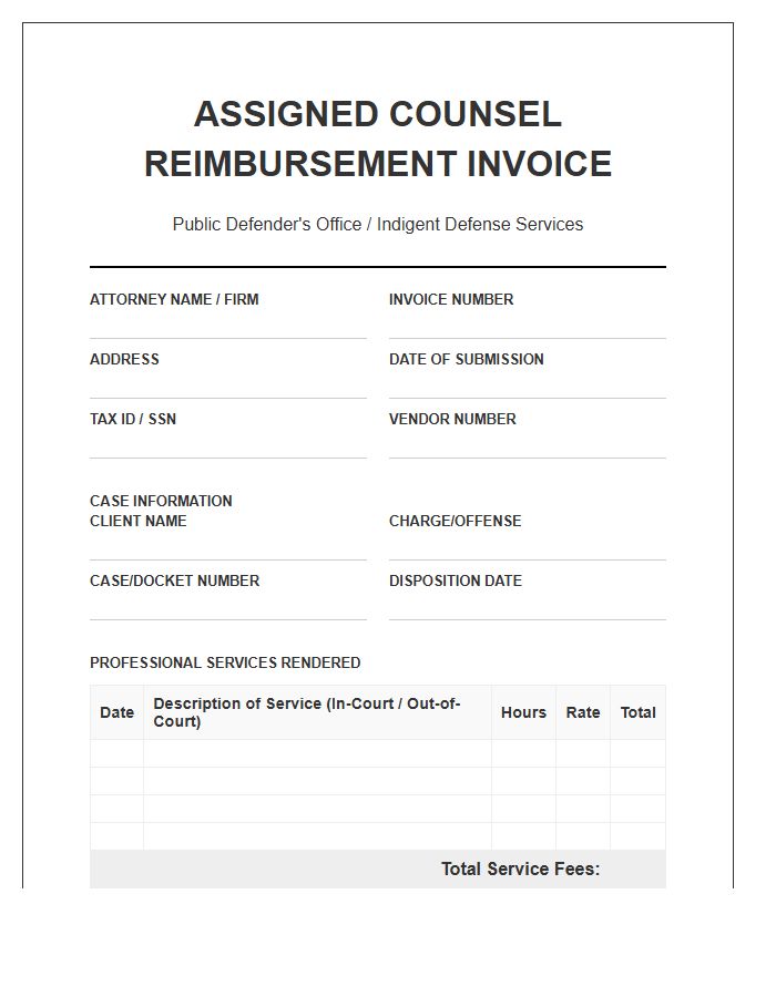 Public Defender Assigned Counsel Reimbursement Invoice Template