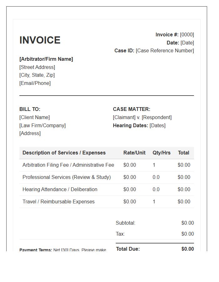 Arbitration Services Billing Invoice Template