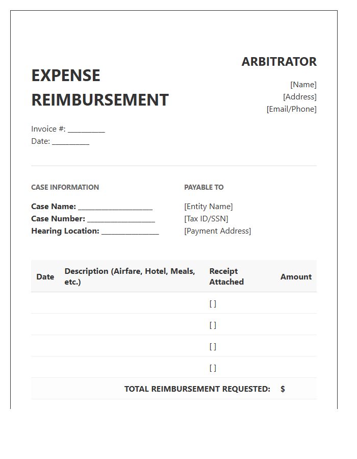 Arbitrator Expense Reimbursement Invoice Template