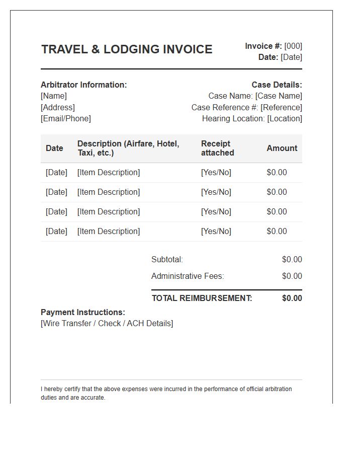Arbitrator Travel And Lodging Invoice Template