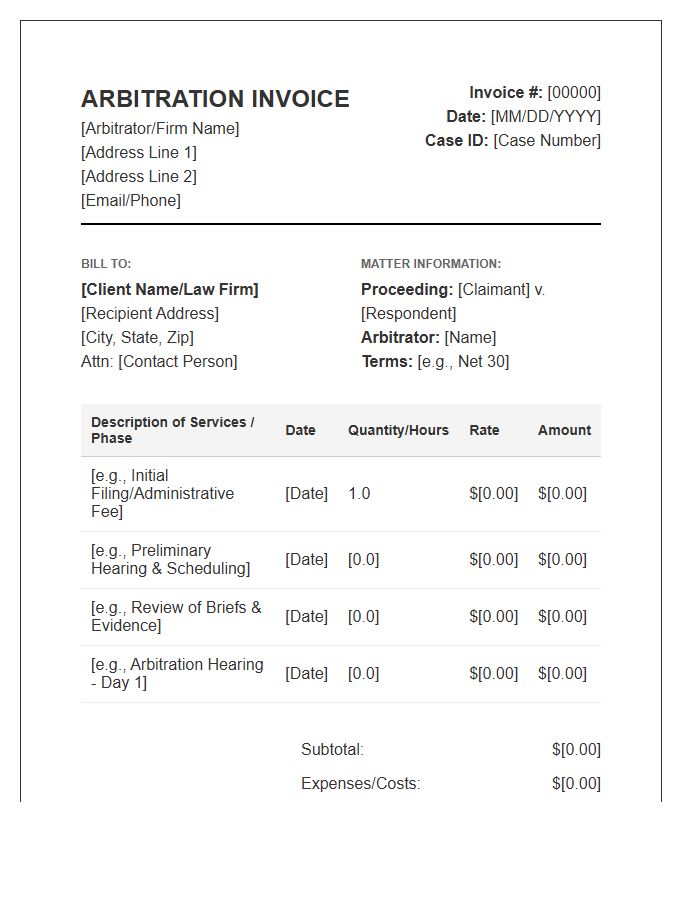 Binding Arbitration Proceeding Invoice Template
