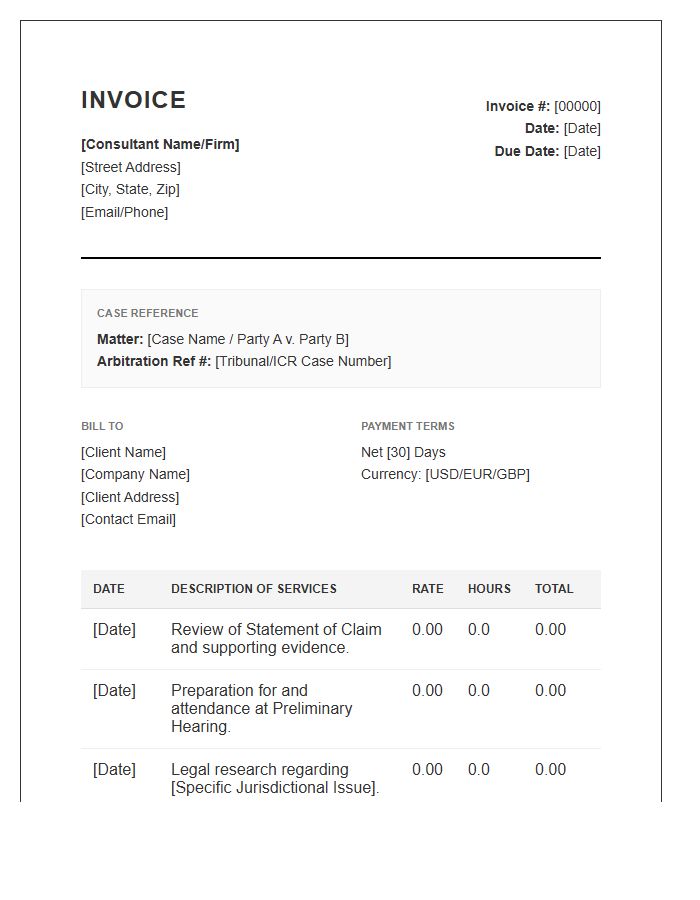 Commercial Arbitration Consultant Invoice Template