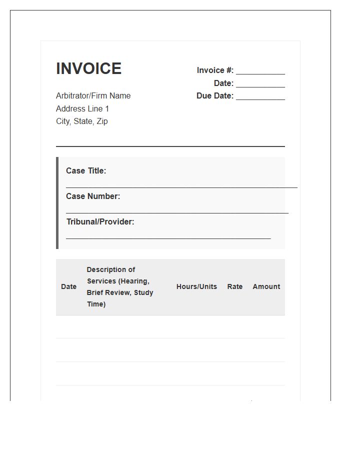 Employment Law Arbitration Invoice Template