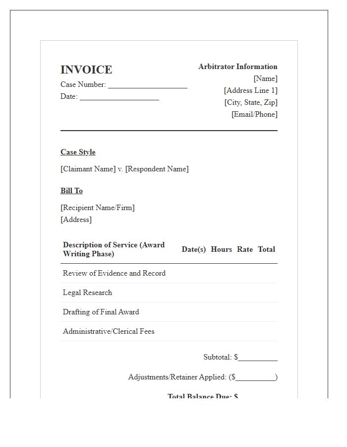 Formal Arbitration Award Writing Invoice Template