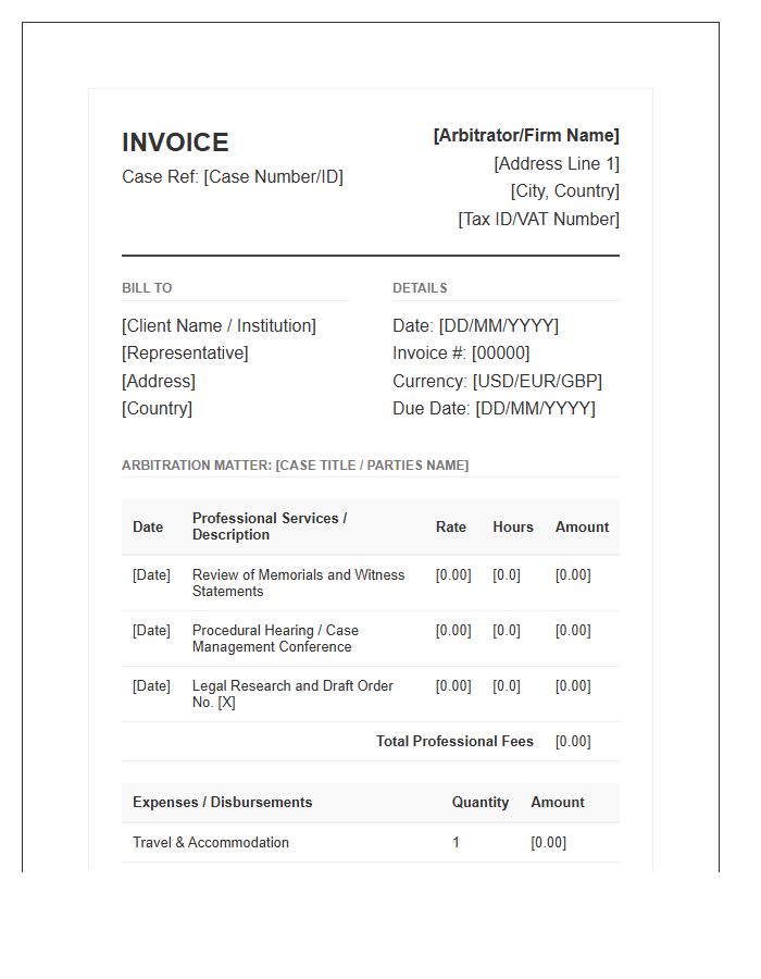International Arbitration Hourly Rate Invoice Template