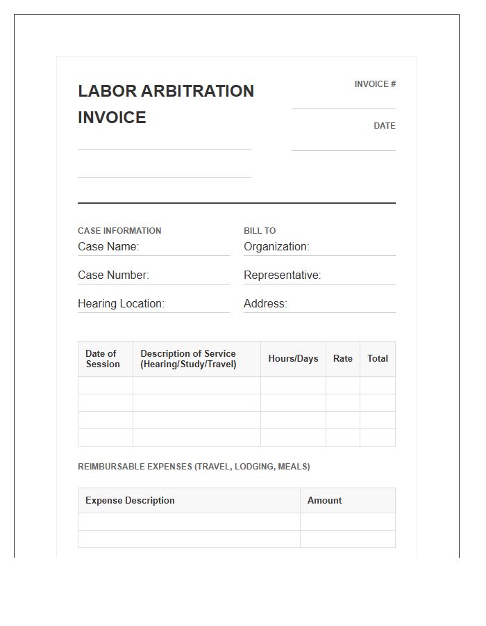 Labor Arbitration Hearing Session Invoice Template