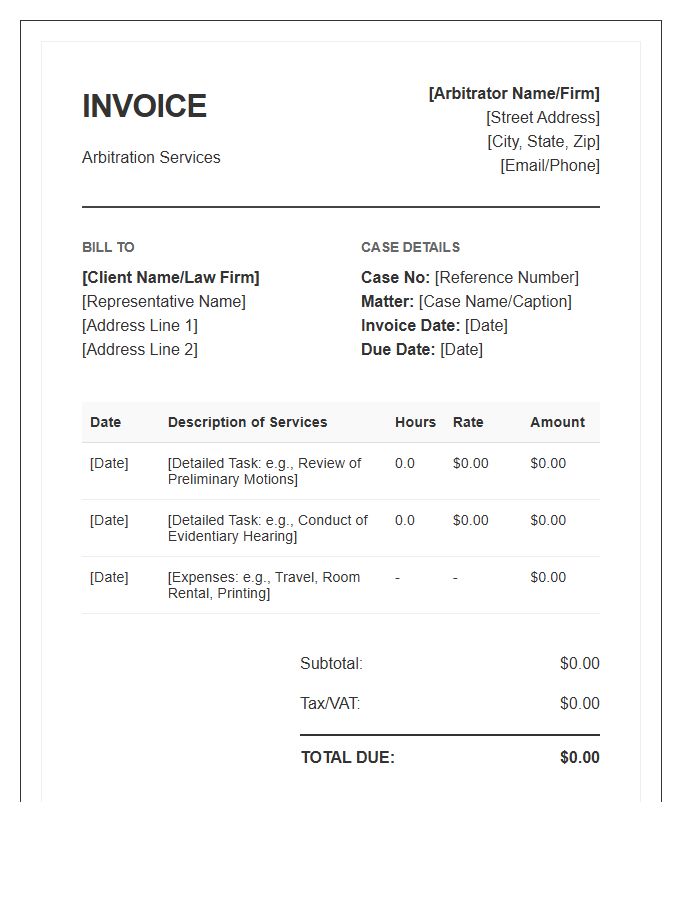 Legal Arbitrator Professional Fee Invoice Template