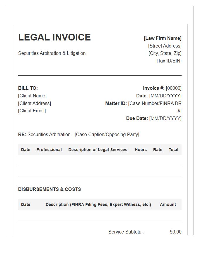 Securities Arbitration Legal Invoice Template