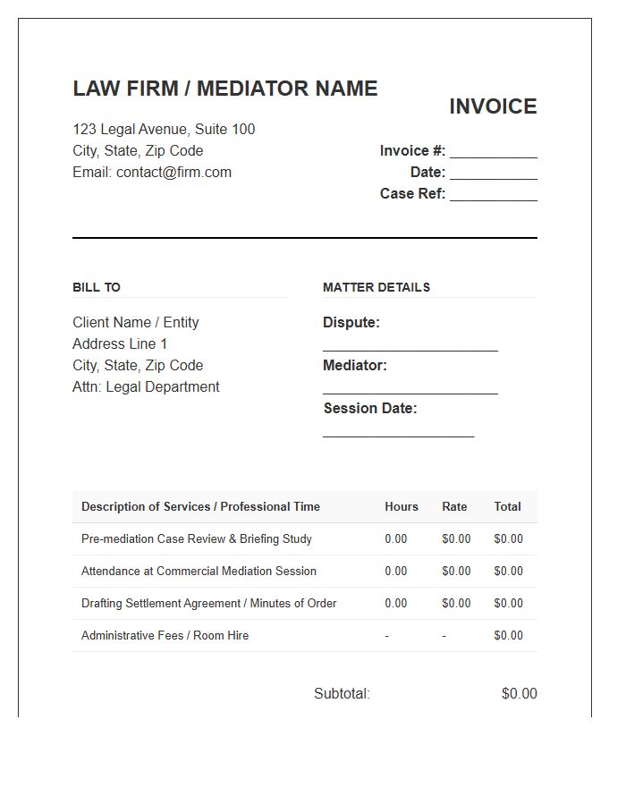 Commercial Dispute Mediation Legal Invoice Template