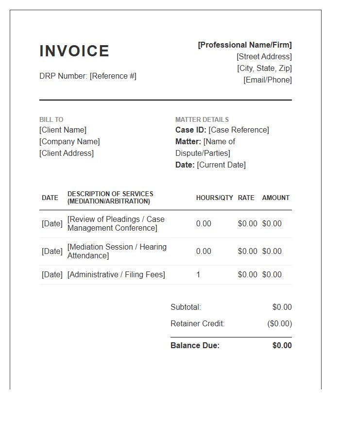 Dispute Resolution Professional Legal Invoice Template