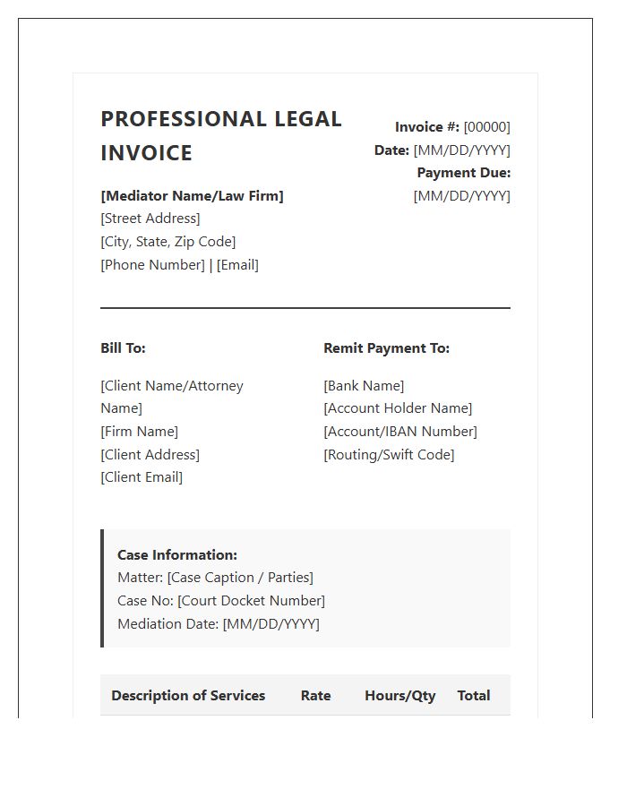 Judicial Mediation Professional Legal Invoice Template