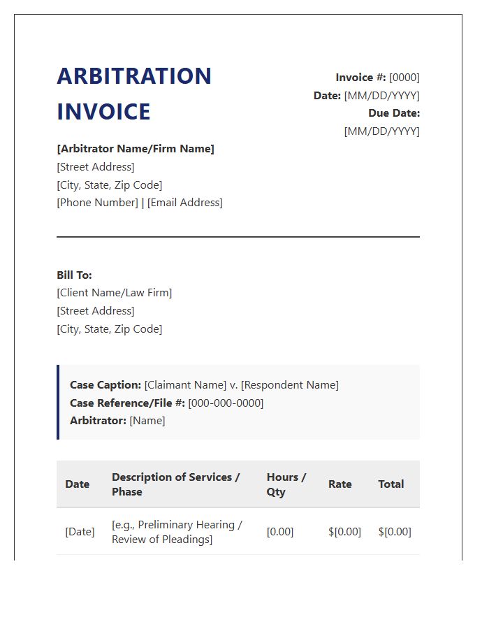Professional Arbitration Services Legal Invoice Template