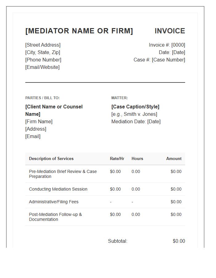 Professional Legal Billing Invoice Template For Mediators