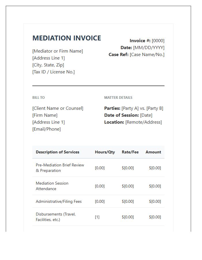 Professional Legal Fee Mediation Invoice Template