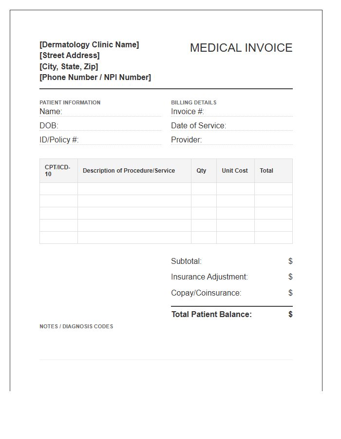 Dermatology Procedure Billing Invoice Template