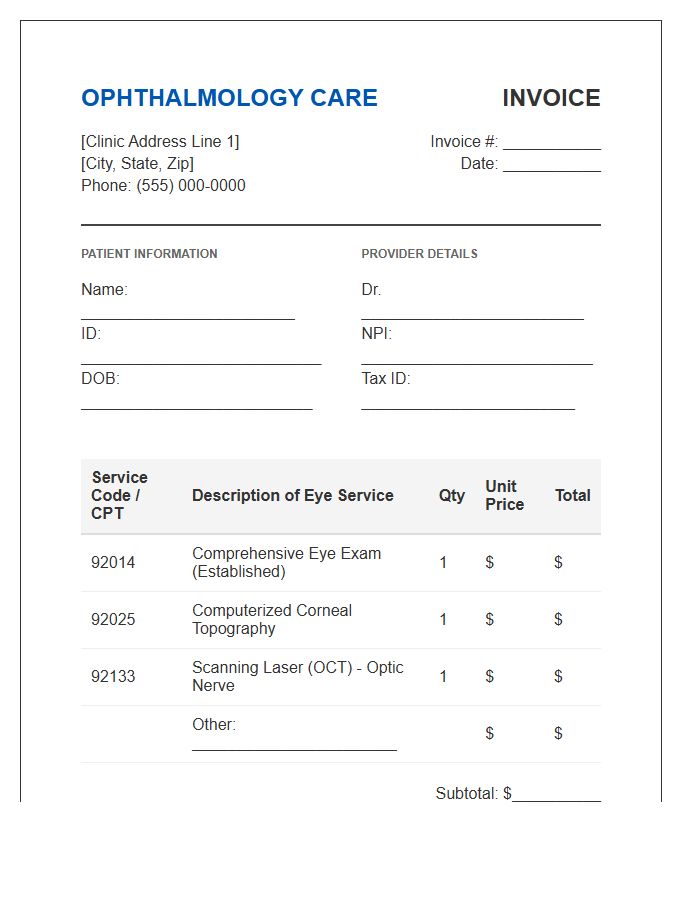 Ophthalmology Eye Exam Invoice Template