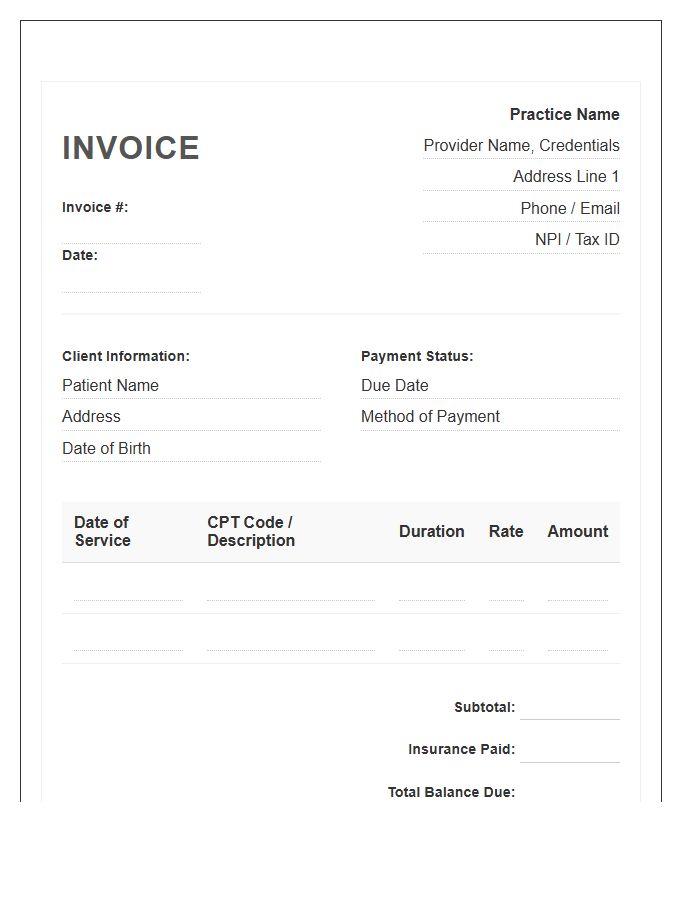 Psychiatric Therapy Session Invoice Template