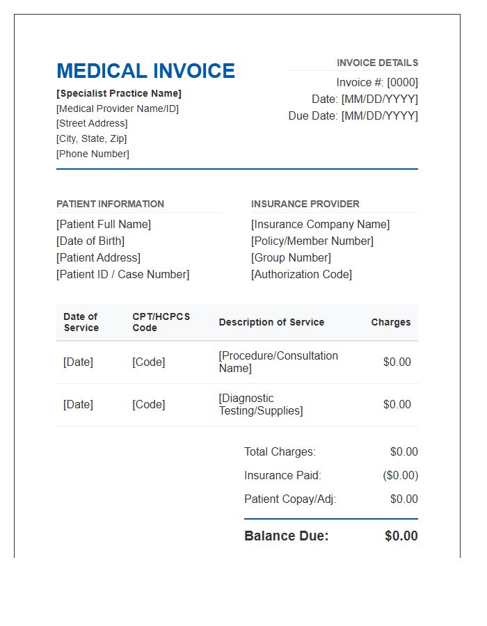 Specialist Healthcare Services Invoice Template