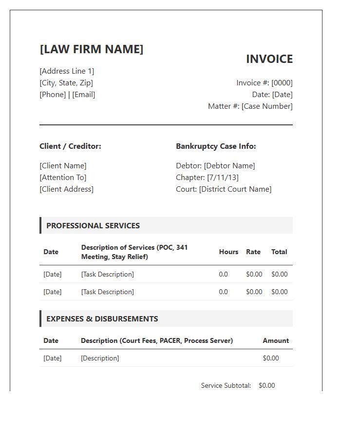 Bankruptcy Creditor Representation Invoice Template