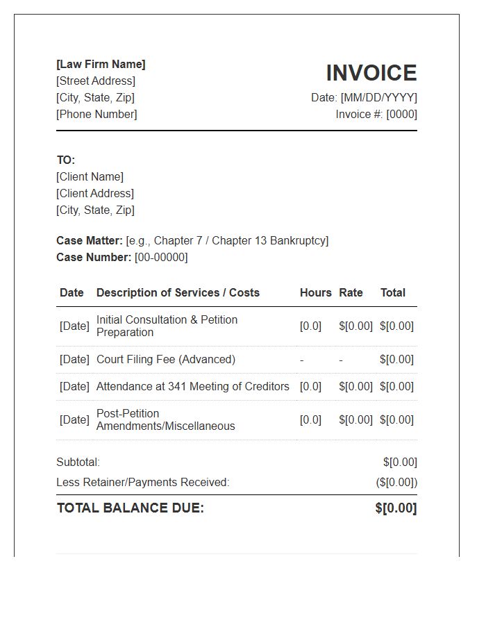 Bankruptcy Legal Fee Invoice Template