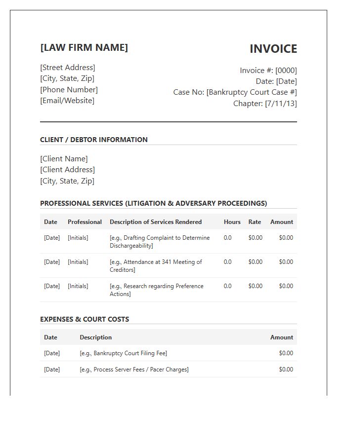 Bankruptcy Litigation Attorney Invoice Template