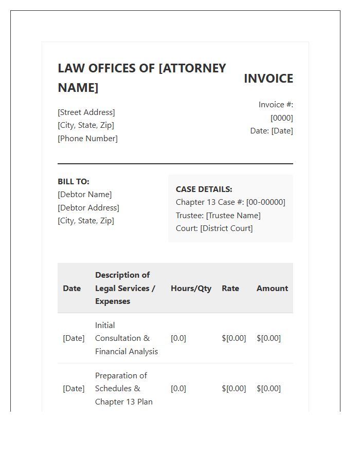Chapter Thirteen Bankruptcy Attorney Invoice Template