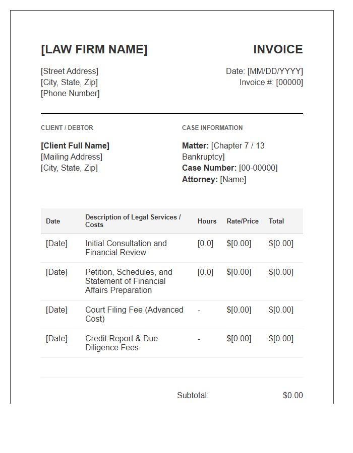 Consumer Bankruptcy Legal Fee Invoice Template