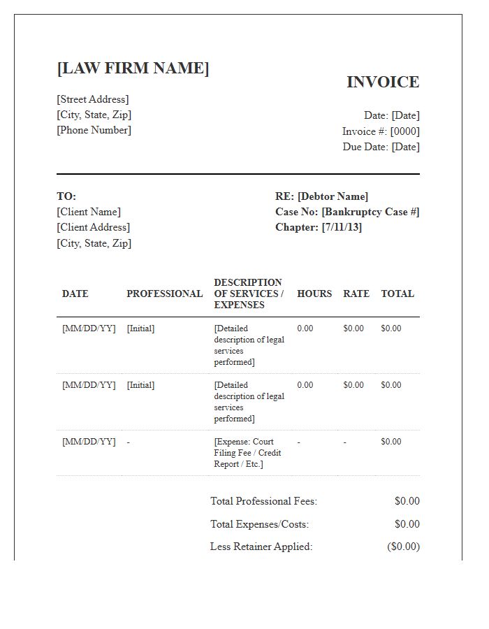 Formal Bankruptcy Attorney Billing Invoice Template