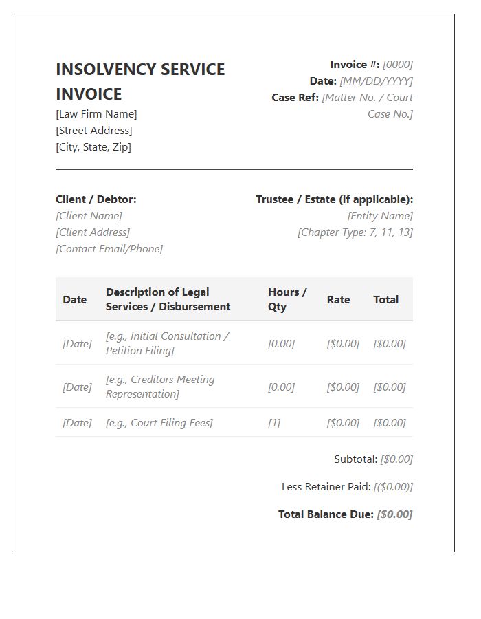 Insolvency Attorney Service Invoice Template