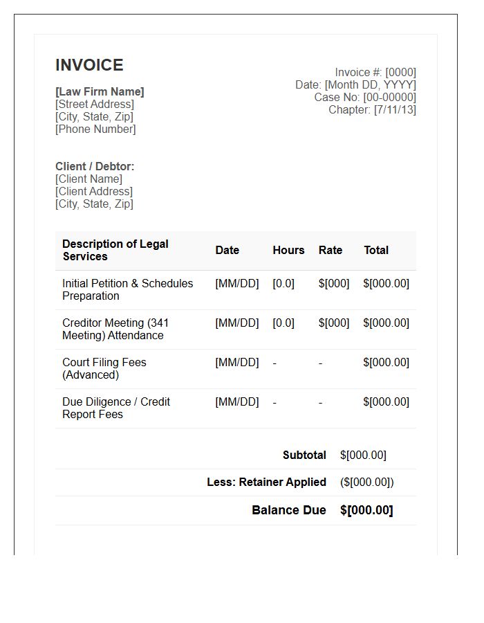 Law Firm Bankruptcy Representation Invoice Template
