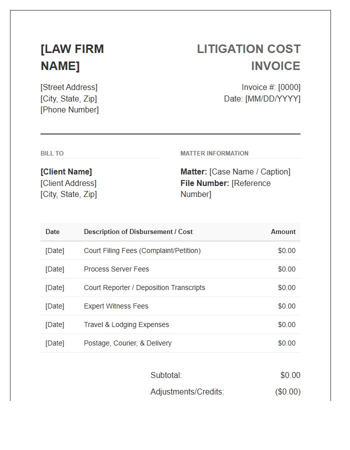 Attorney Litigation Cost Invoice Template