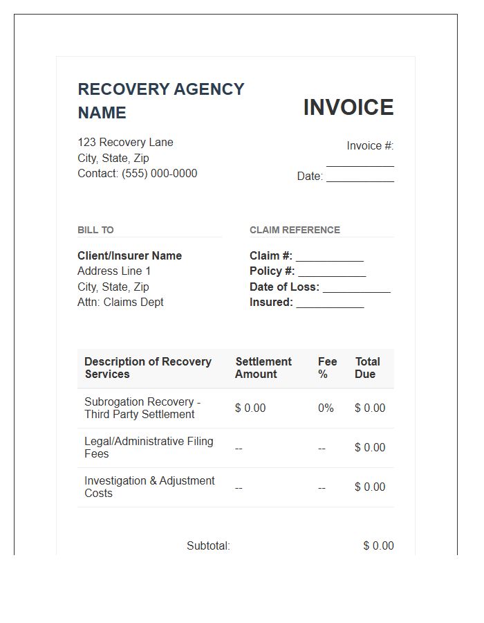 Insurance Settlement Recovery Invoice Template