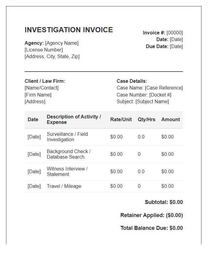 Legal Case Investigation Invoice Template