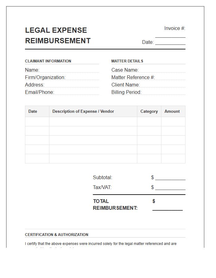 Legal Expense Reimbursement Invoice Template